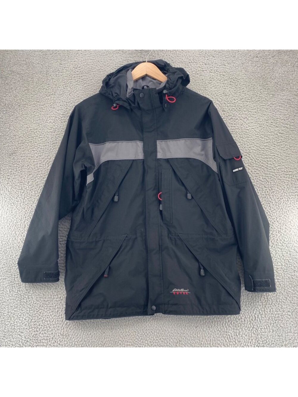 Eddie Bauer Coat Mens Medium Black EBTEK Gore Tex Hooded Weathergear Zip Pocket*